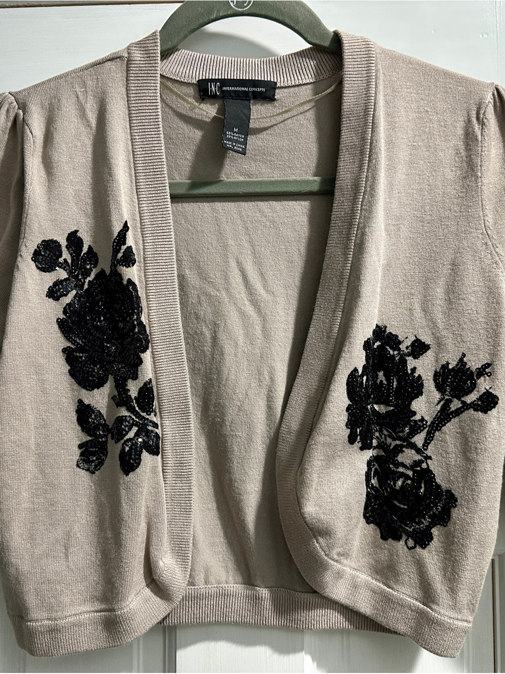 INC International Concepts Beige Open-Front Cardigan with Black Floral Appliqué